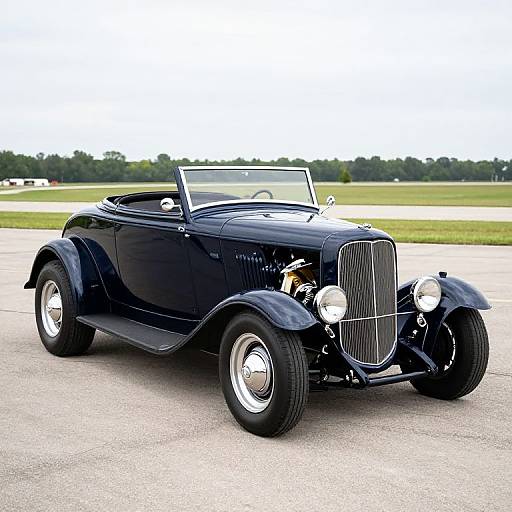 Photograph of a sleek, black vintage convertible car with a shiny chrome grille and white-walled tires, parked on a concrete surface with a green field