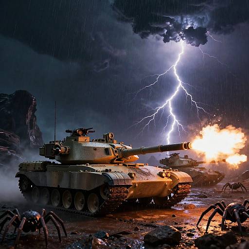Photograph-style digital artwork of a tank firing in a stormy, lightning-filled night, with smoke and rain, on a rocky battlefield.