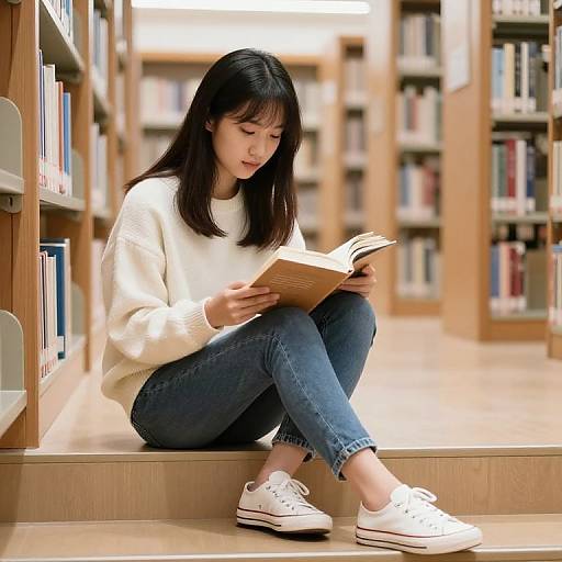 Asian woman with black hair, white sweater, blue jeans, white sneakers, reading a book in a brightly lit library.