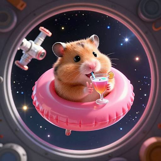 Digital artwork of a fluffy hamster floating in a pink space ring, sipping a cocktail, viewed through a spaceship window with a small spacecraft in the