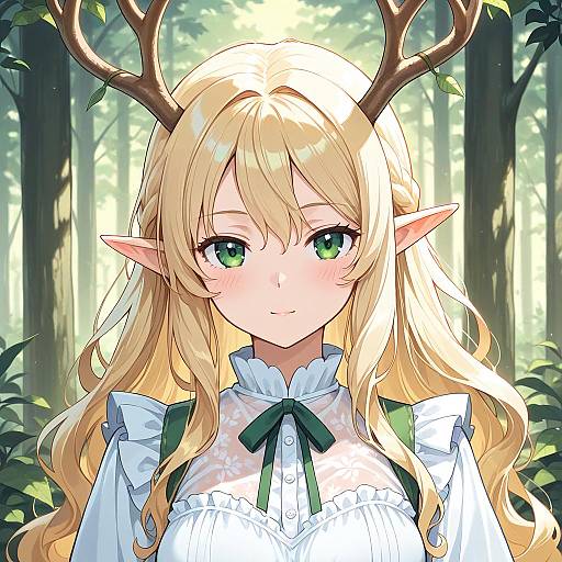 Blonde Elf with Deer Antlers in Forest