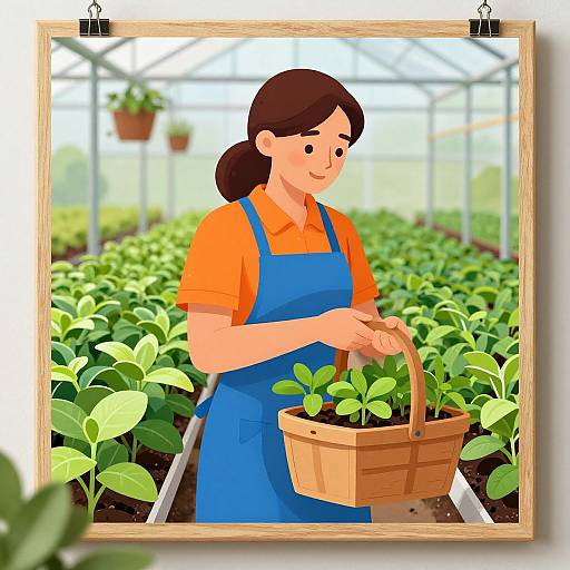 Digital illustration of a smiling woman with brown hair in an orange shirt and blue apron, holding a wooden basket of plants in a bright greenhouse.