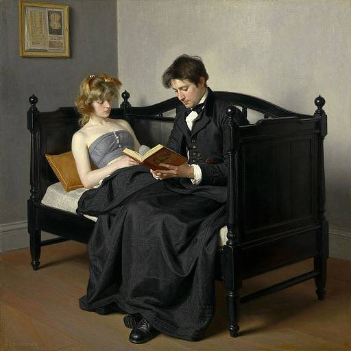 Victorian-style painting of a man and woman reading on a black wooden bench, both dressed in formal Victorian attire, with a framed picture on the gray