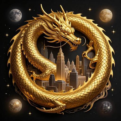 Digital artwork of a golden, serpentine dragon coiling around a futuristic cityscape, with three moons in a starry night sky.
