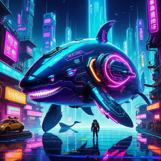 Cyberpunk Robotic Whale in Neon Underwater City Cyberpunk Robotic Whale in Neon Underwater City