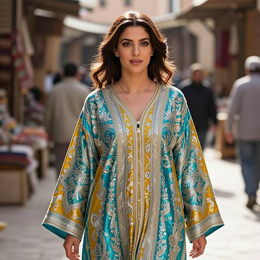 Photograph of a woman with wavy brown hair, wearing an elaborate blue and gold embroidered traditional long robe, walking confidently in a sunlit, bustling