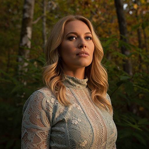 Photograph of a blonde woman with wavy hair, wearing a lace, light-blue, long-sleeve top, standing in a sunlit forest