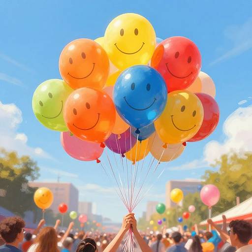 Photograph of a person holding a cluster of colorful smiley-face balloons against a bright blue sky, with a crowd and more balloons in the background.