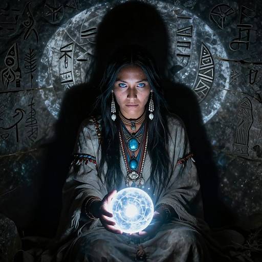 Mystical photograph of a blue-eyed woman with long black hair, wearing tribal attire, holding a glowing moon in dark, starry background with ancient