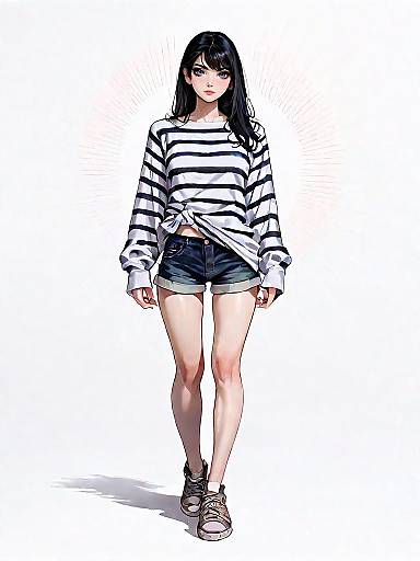 Casual Woman in Striped Sweatshirt and Shorts