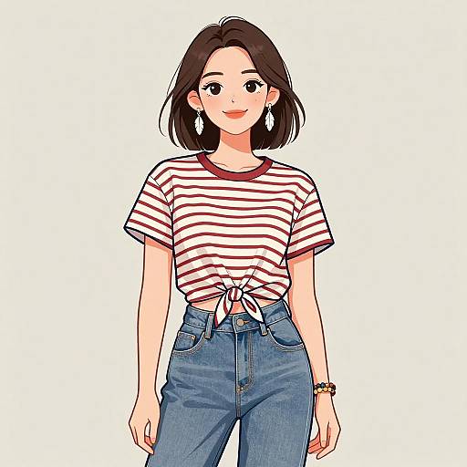 Digital anime-style drawing of a smiling young woman with short black hair, wearing a red-striped tied shirt and high-waisted blue jeans.