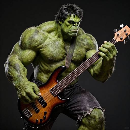 CGI image of a muscular, green-skinned Hulk playing a sunburst electric bass guitar against a black background, wearing torn black shorts.