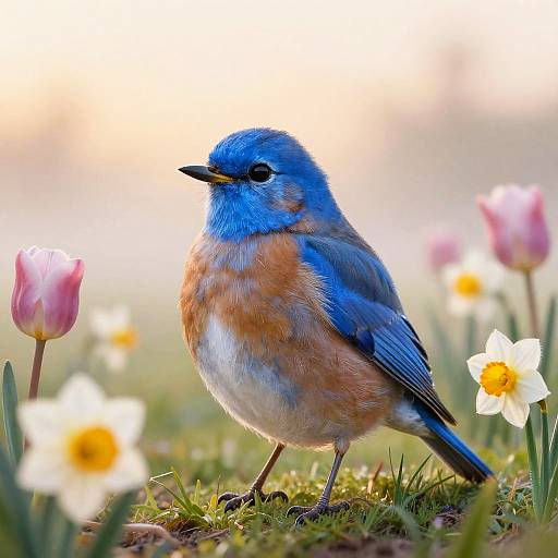 Photograph of a vibrant blue and orange bird with white chest, standing on grass among pink and white daffodils.