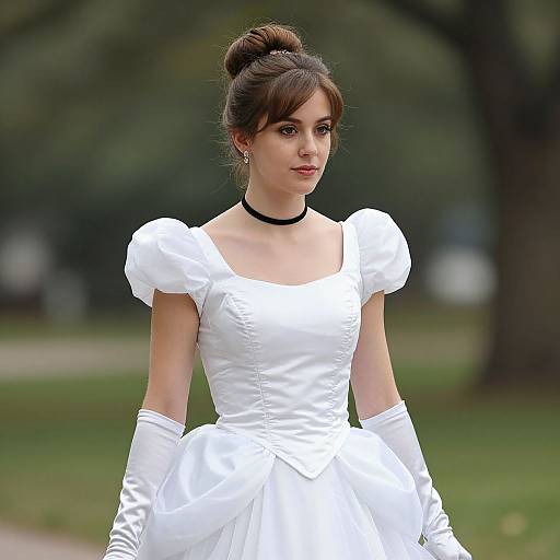Photograph of a young woman with fair skin and dark brown hair in an updo, wearing a white puffed-sleeve dress, white gloves
