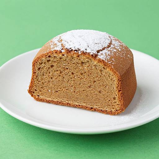 Photograph of a slice of brown, dusted, round cake on a white plate against a green background.