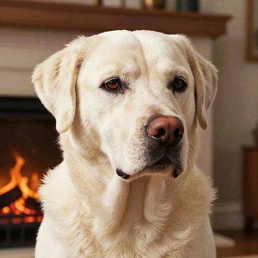 Photograph of a white Labrador retriever with soft fur, sitting in front of a warmly lit fireplace in a cozy room.