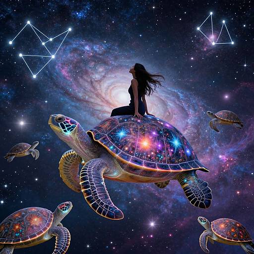 Silhouetted woman with long hair sits on a glowing, star-studded turtle in a cosmic, galaxy-filled space, surrounded by floating turtles and