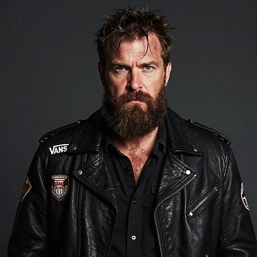 Photograph of a rugged, bearded man with spiky brown hair, intense blue eyes, wearing a black leather jacket with patches, and a black