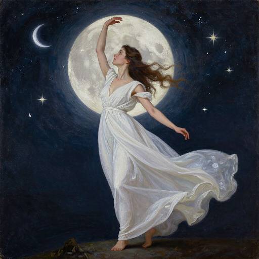 Digital painting of a graceful woman in a flowing white dress, dancing under a full moon and starry night sky.