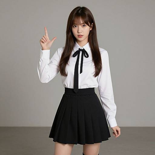 Asian woman with long brown hair, white blouse, black ribbon, and black skirt, standing, making a peace sign, gray background.