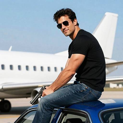 Muscular Man on Car with Airplane