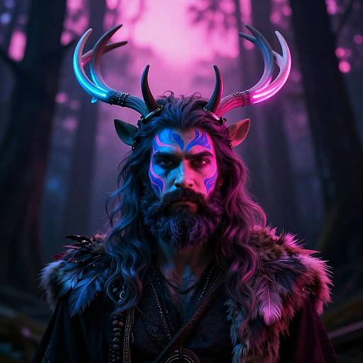 Neon Antlered Man in Mystical Forest