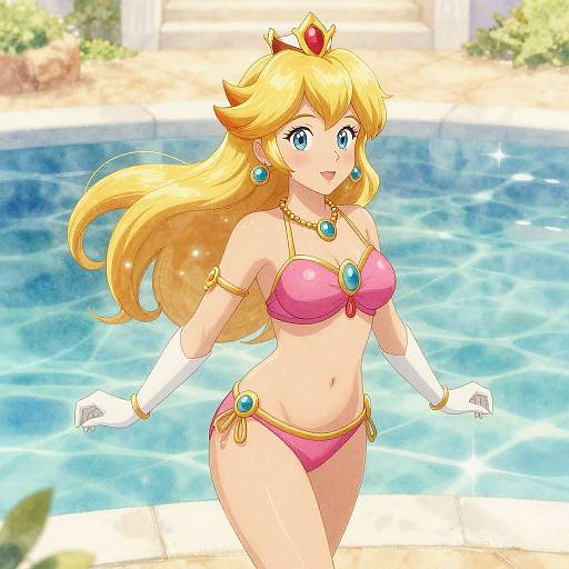Digital anime-style drawing of Princess Peach in a pink bikini with gold accents, white gloves, and crown, standing poolside.