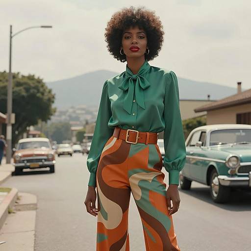 1970s Fashion Woman with Afro on Sunny Street