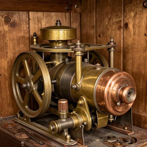 Photograph of a vintage brass and copper industrial machine with large wheels, spindles, and gears, set against a wooden background.