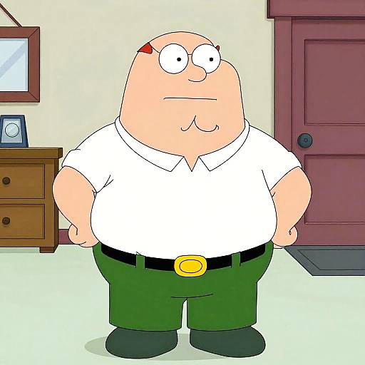 Cartoon image of a chubby, bald man with red eyebrows, wearing a white shirt, green pants, black belt, and shoes, standing in a