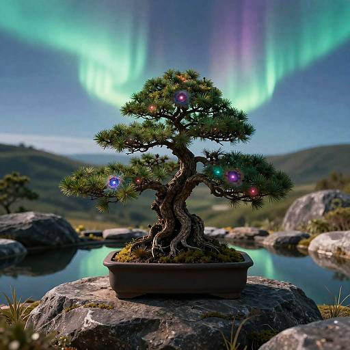 Photograph of a bonsai tree adorned with colorful Christmas lights, set against a vibrant aurora borealis in a rocky, mountainous landscape with a