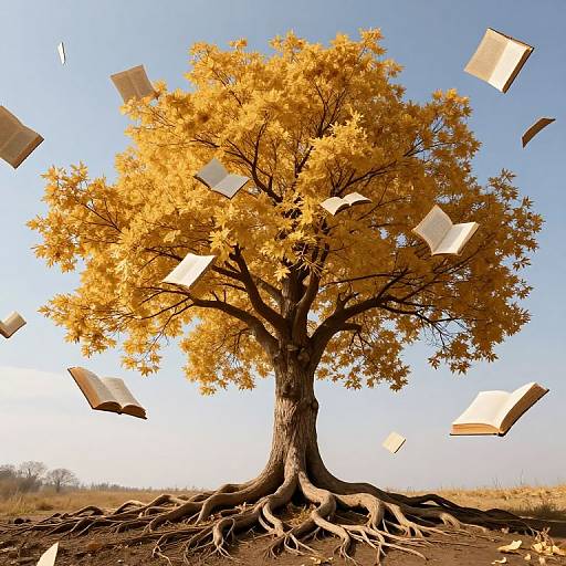 Photograph of a tall, golden-leaved tree with sprawling roots, against a clear blue sky, with open books floating mid-air.