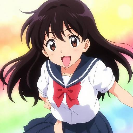 Digital anime-style drawing of a cute, excited teenage girl with long black hair, wearing a white sailor school uniform with a red bow, against a colorful