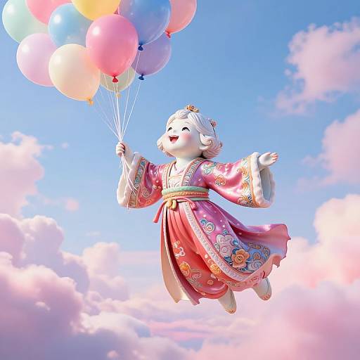 Digital illustration of a joyful, white baby Bodhisattva doll in a pink, floral kimono, floating in a clear blue sky, holding colorful