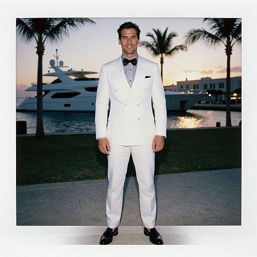 Photograph of a handsome man in a white tuxedo with black bowtie, standing in front of a marina at sunset, with palm trees