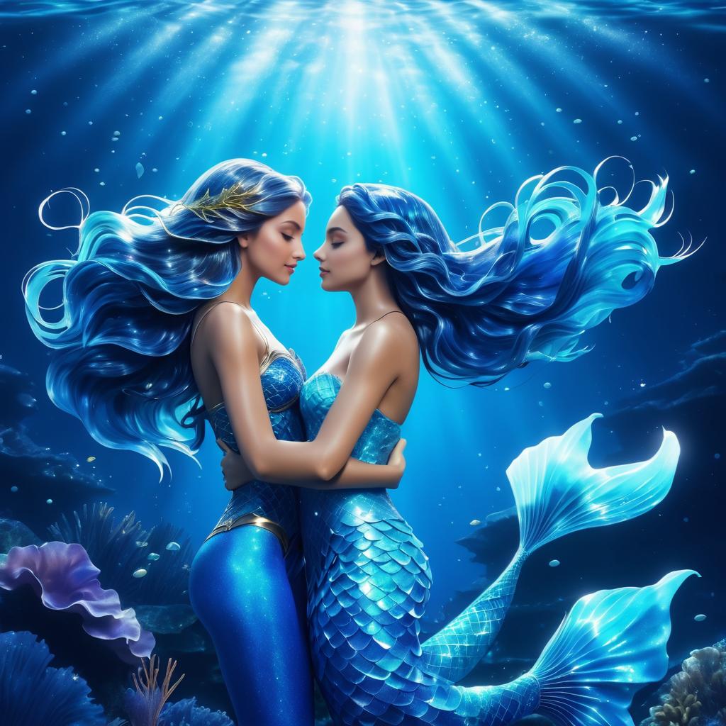 Enchanting Azure Mermaid and Girl Embrace