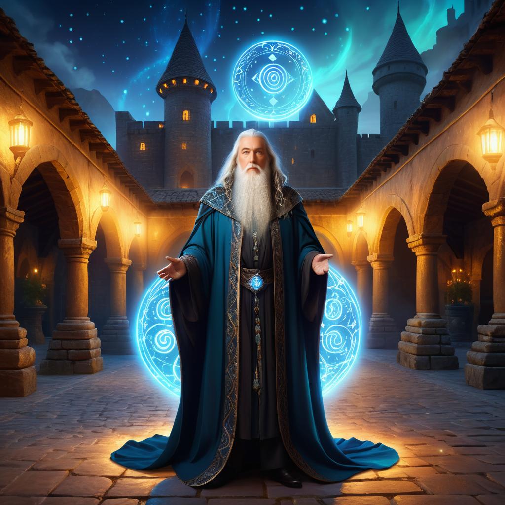 Glamorous Elderly Wizard in Enchanted Courtyard