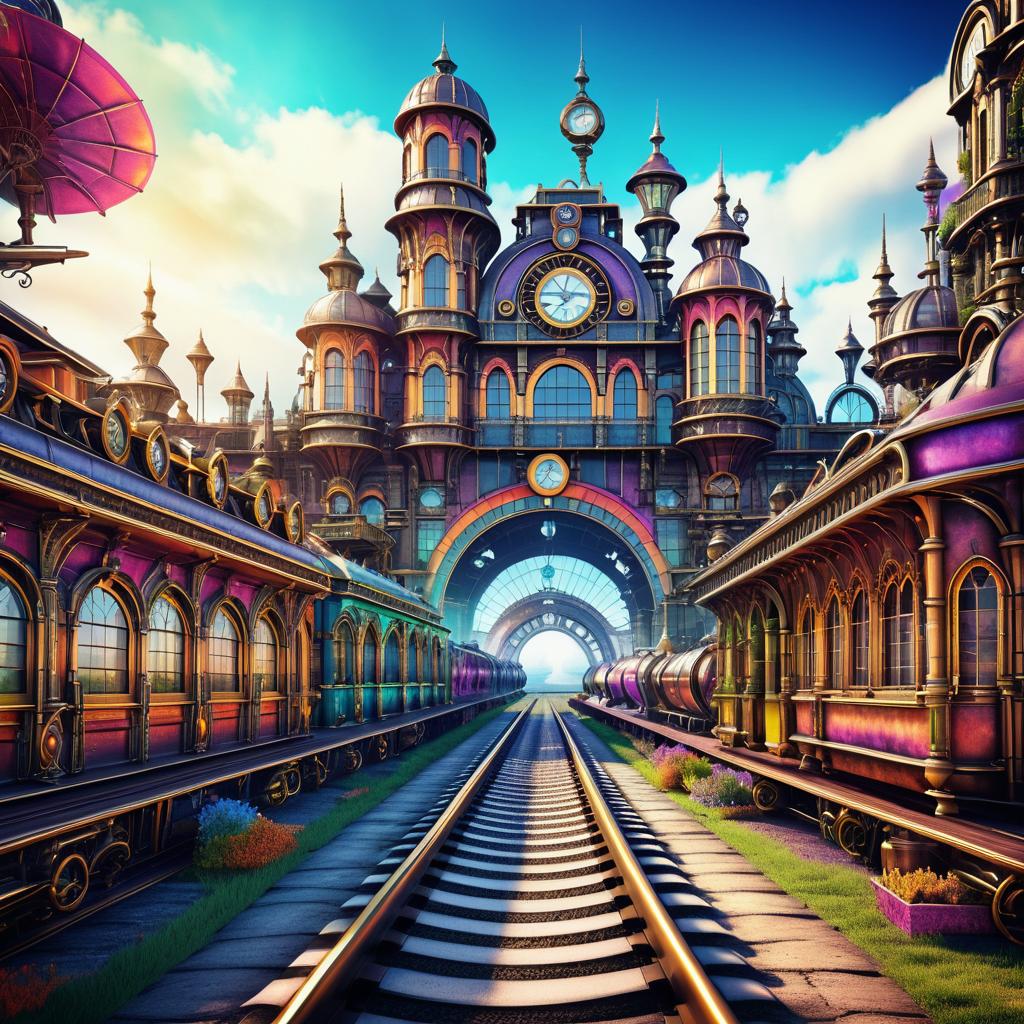 Vibrant Steampunk Railway Station Illustration