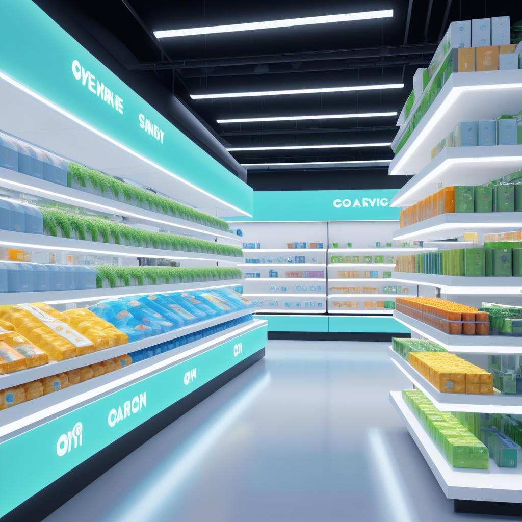 Futuristic Grocery Shop with Robot Arm