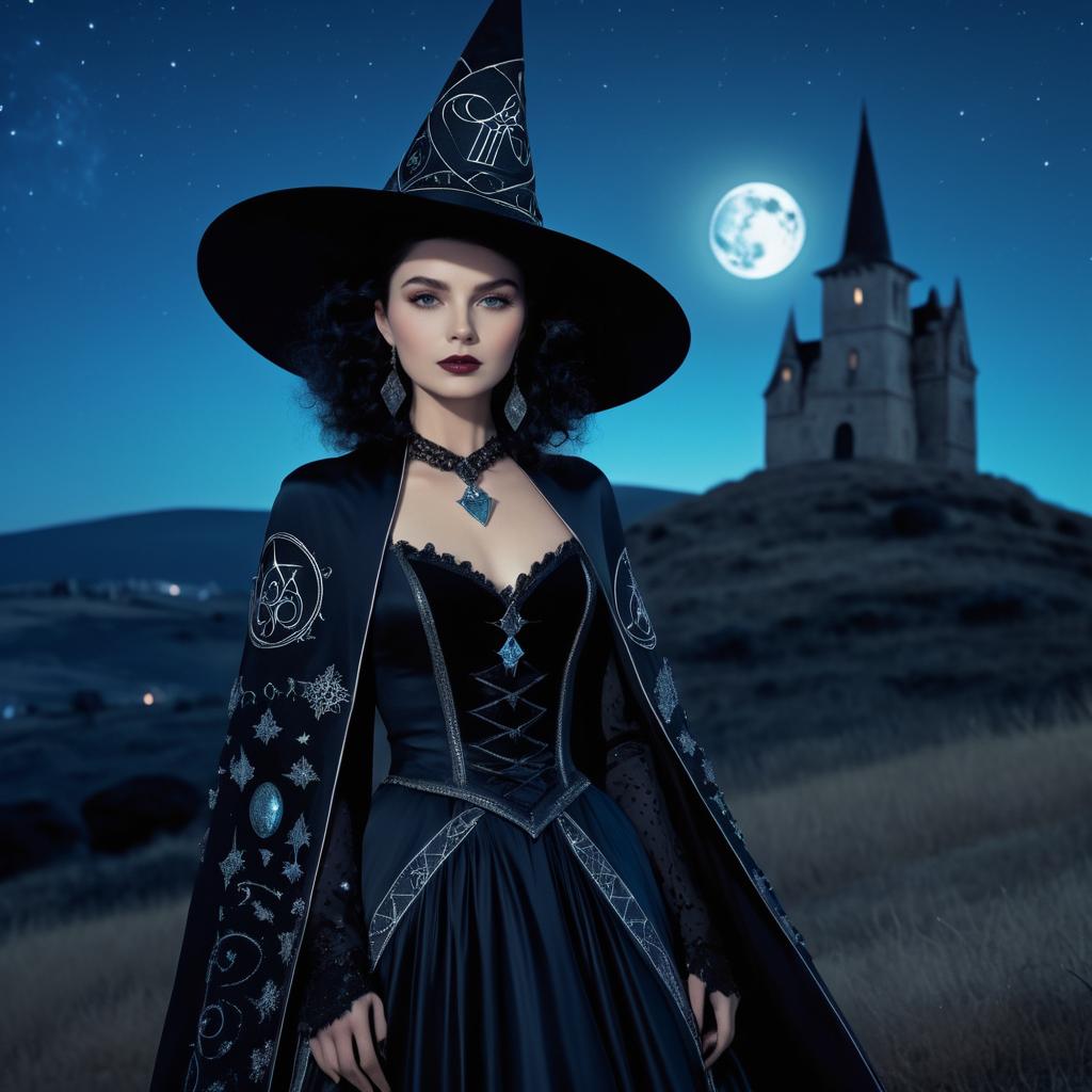 Enchanting Witch on a Moonlit Hilltop