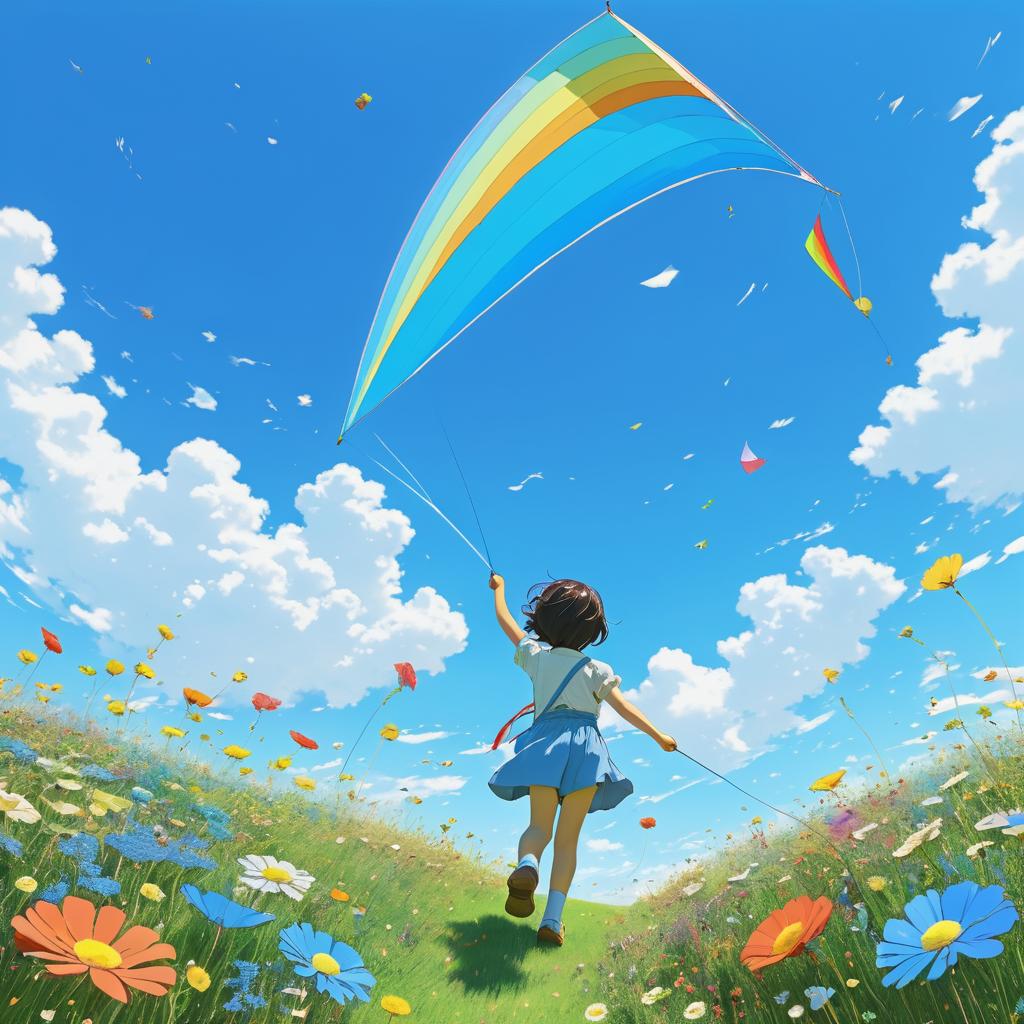 Child Flying Kite in a Flower Field