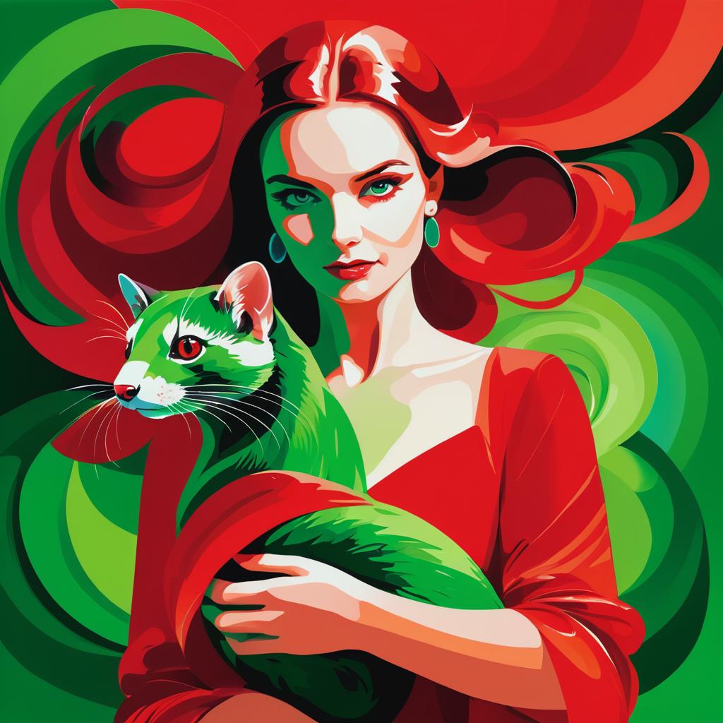 Surreal Woman in Red Dress with Ferret