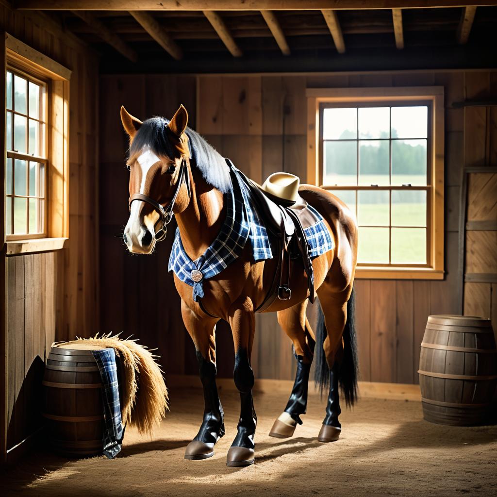 Anthropomorphic Cowboy Horse in Rustic Barn