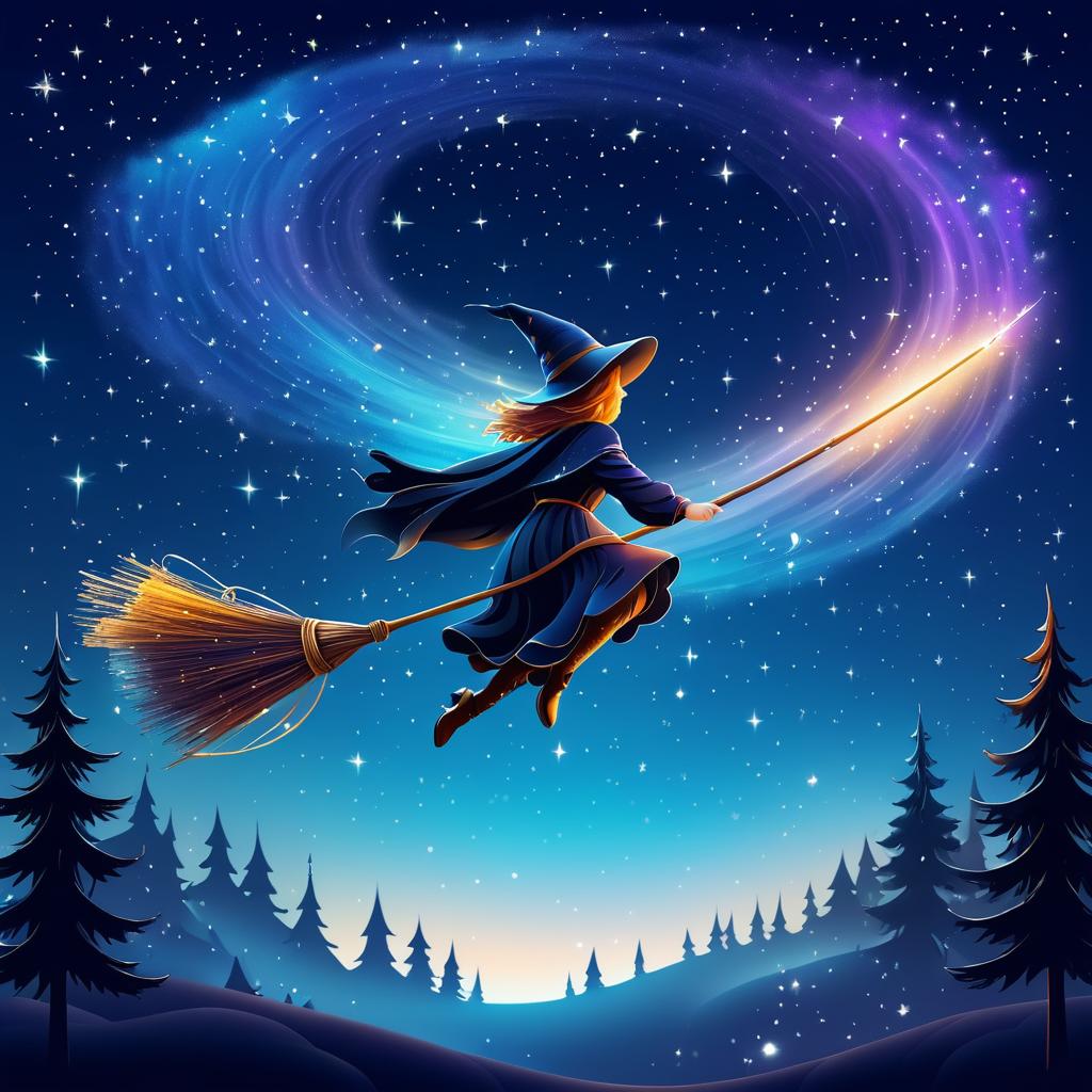 Magical Broomstick in Starry Fantasy Sky