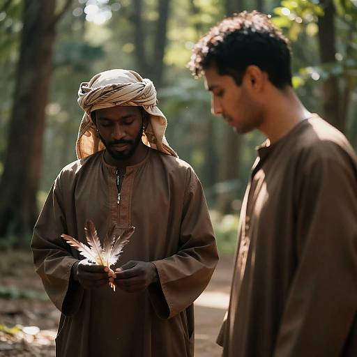 Two Men in Traditional Robes Holding Feathers in Forest
