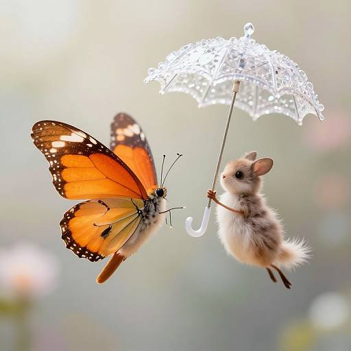 Photograph of a small, fluffy mouse holding a delicate, white lace umbrella, interacting playfully with an orange and black butterfly.