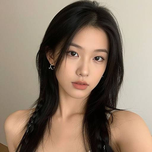 Photograph of an Asian woman with long black hair, fair skin, wearing small hoop earrings, and a subtle, neutral expression against a plain white background