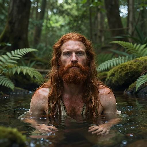 Photograph of a bearded, red-haired man with wet, wavy hair, chest muscles visible, emerging from a forest stream surrounded by ferns