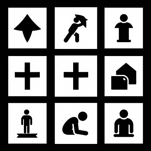 Black and white grid of nine square icons: arrow, hammer, shirt, plus, house, person standing, person kneeling, person sitting, plus.