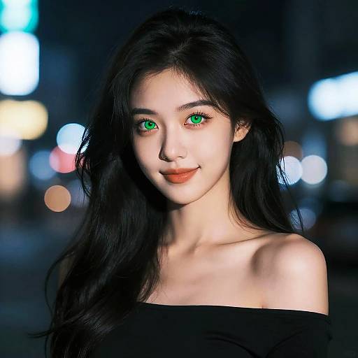 Photograph of a young Asian woman with long black hair, green eyes, fair skin, and an off-shoulder black top, smiling in a